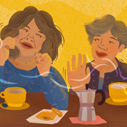 Care partner and patient dancing over coffee and pastry